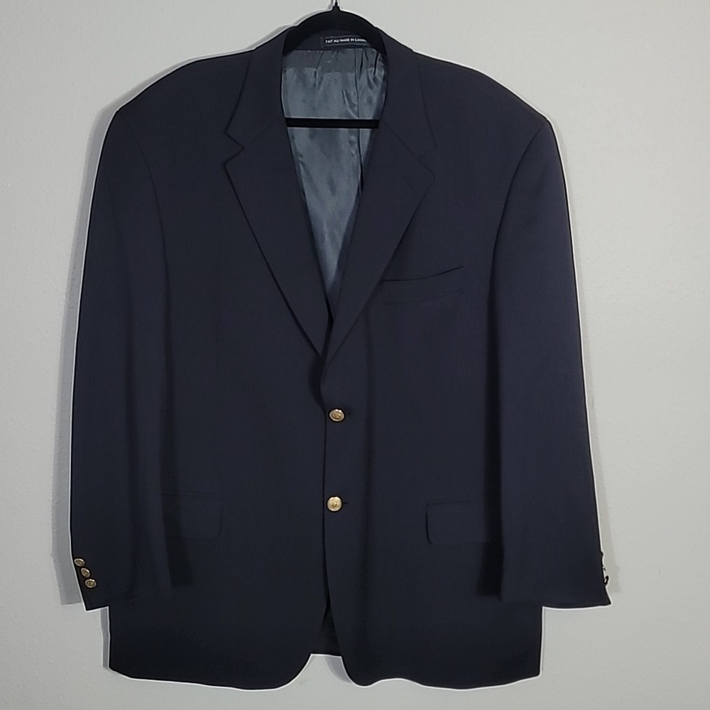 S Cohen Men 100% Wool Blazer Size 48R Navy Blue Gold Buttons Classic Formal